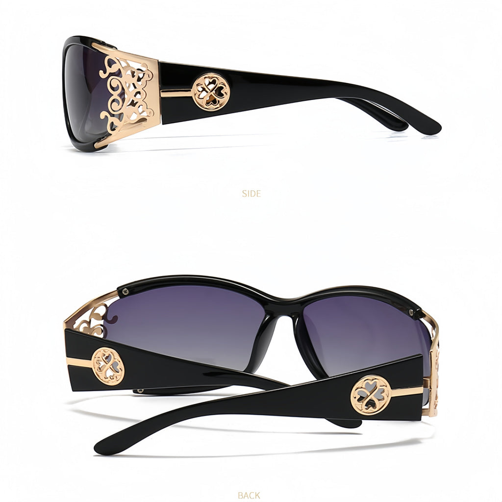 Polarized Sunglasses Women Oversized Square Frame UV400 Hollow Carved Temple – Retro Vintage Fashion Shades Driving Beach Outdoor, Ladies Eyewear Gift Black Blue Purple