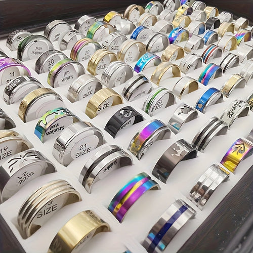 100 Pcs Stainless Steel Rings Bulk Set with Box – Assorted Mixed Styles Heart & Stripe Bands for Women, Men & Couples, Colorful Wholesale Jewelry Gift Pack, Random Assortment