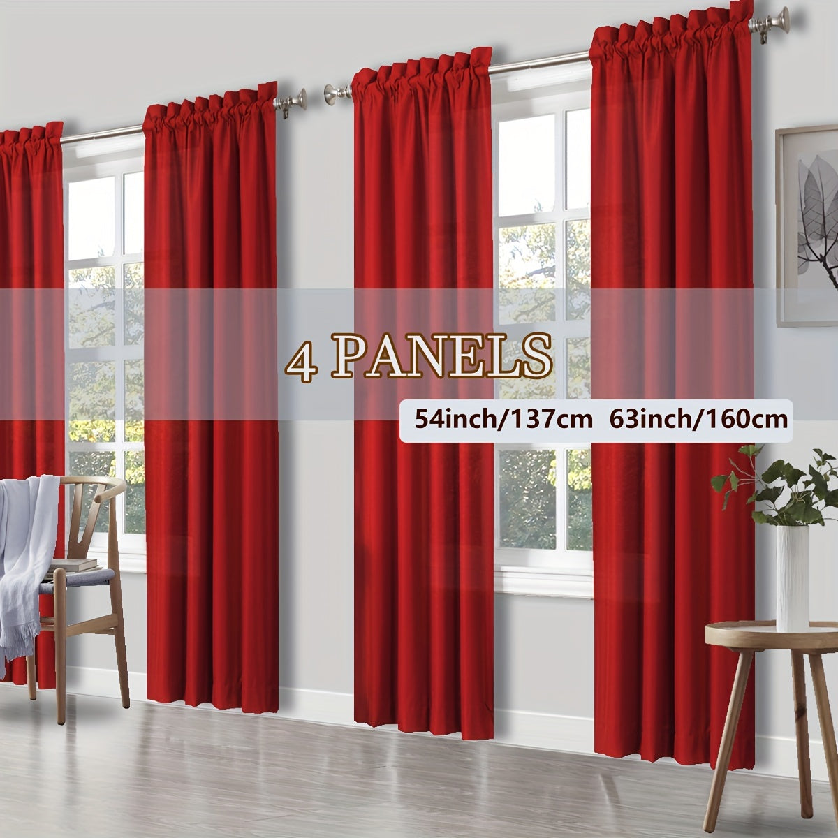 Rod Pocket Light Filtering Curtains 4 Panels – Solid Color Drapes for Living Room Bedroom Office, Easy Install, 10 Colors & 8 Sizes, Yarn-Dyed Fade Resistant Fabric, Home Window Treatment Set