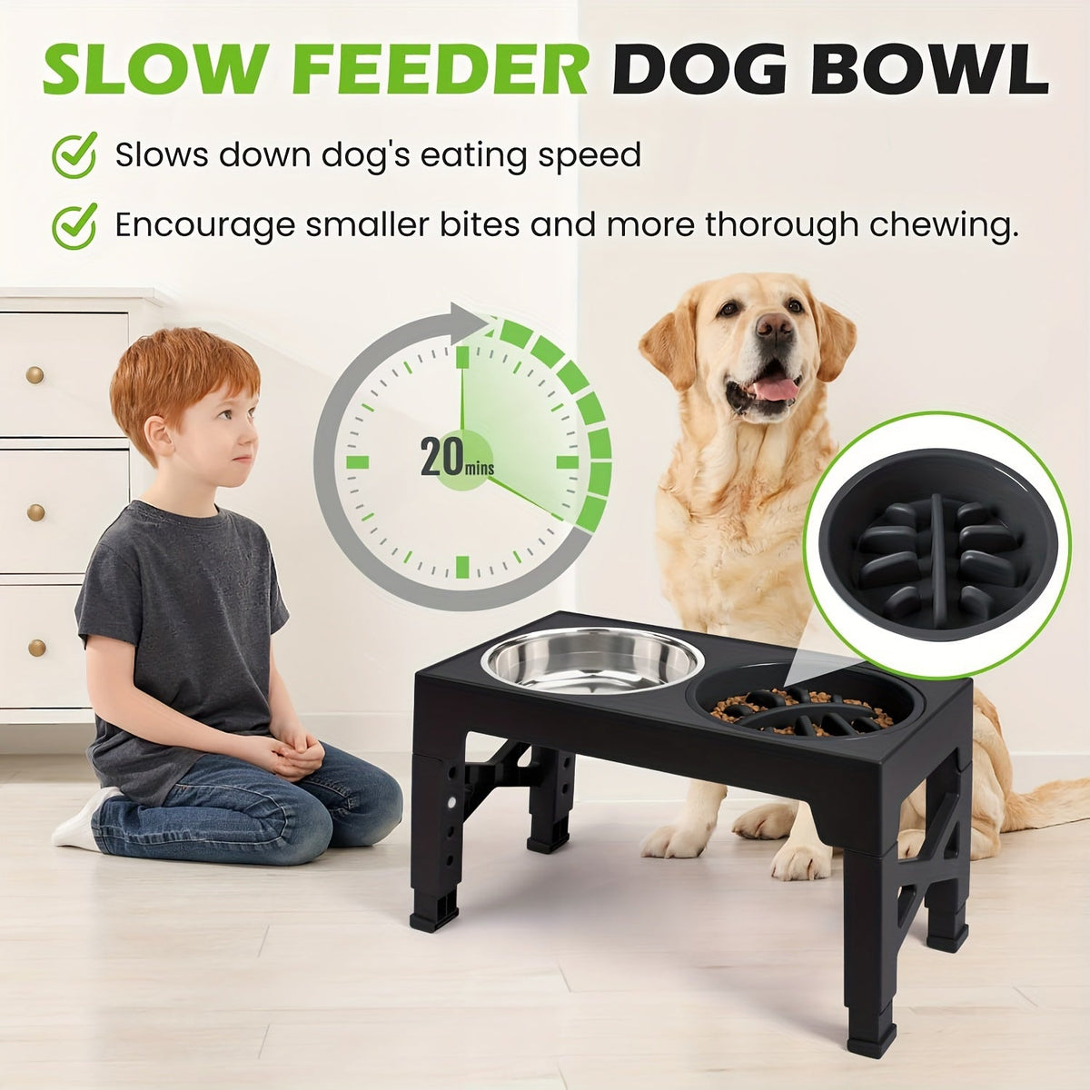 Adjustable Elevated Dog Bowl Stand with 3-Bowl Set – 5 Heights 3.2–12.2 Inch, 2 Stainless Steel Bowls + Slow Feeder Bowl for Small Medium Large Dogs, Raised Feeder in Black or Gray