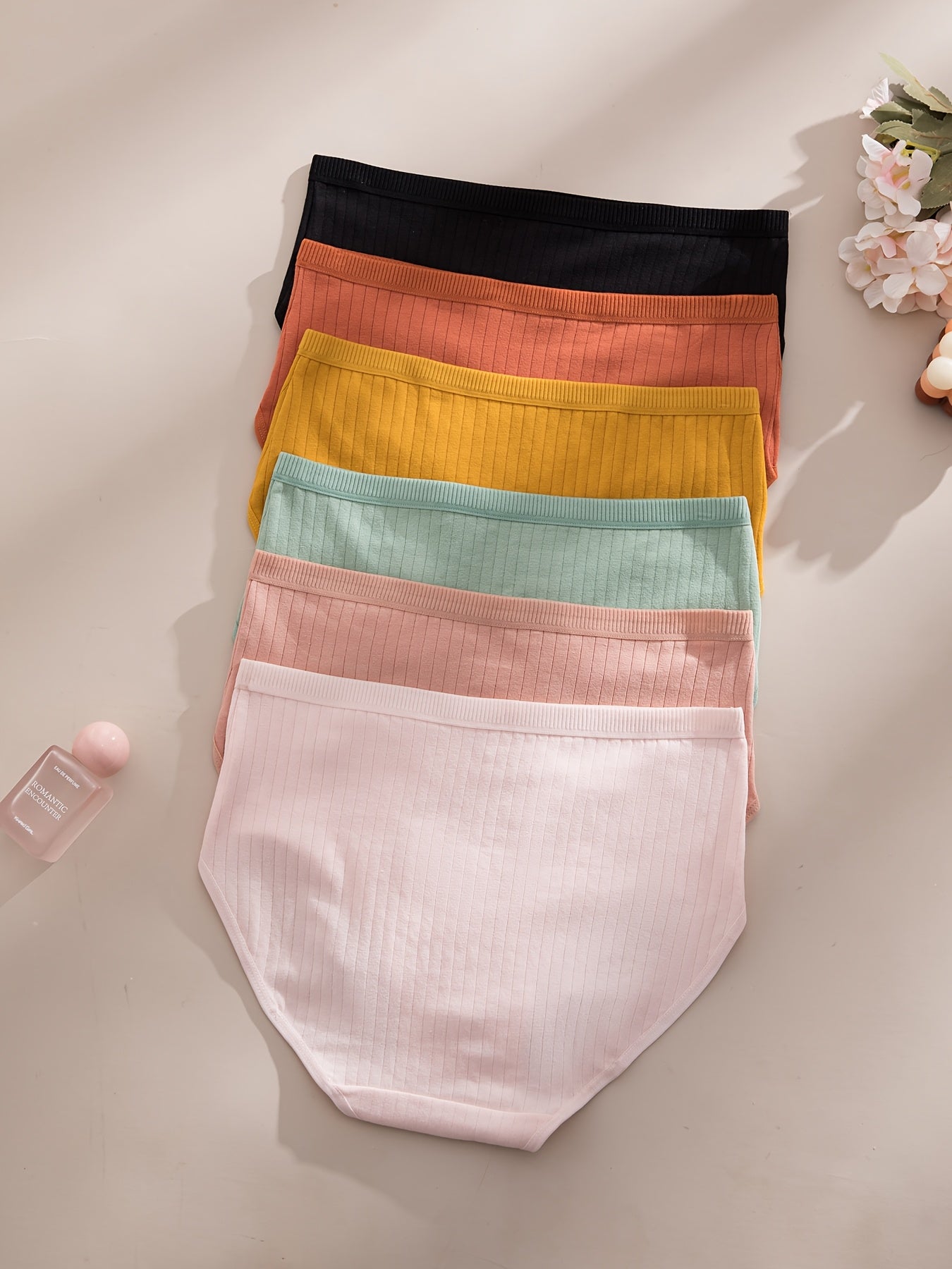 6-Pack Ribbed Thong Panties – Women's Soft Breathable Mid-Waist Triangle Underwear, Rib-Knit Texture, Solid Colors, Maternity-Friendly Everyday Panties