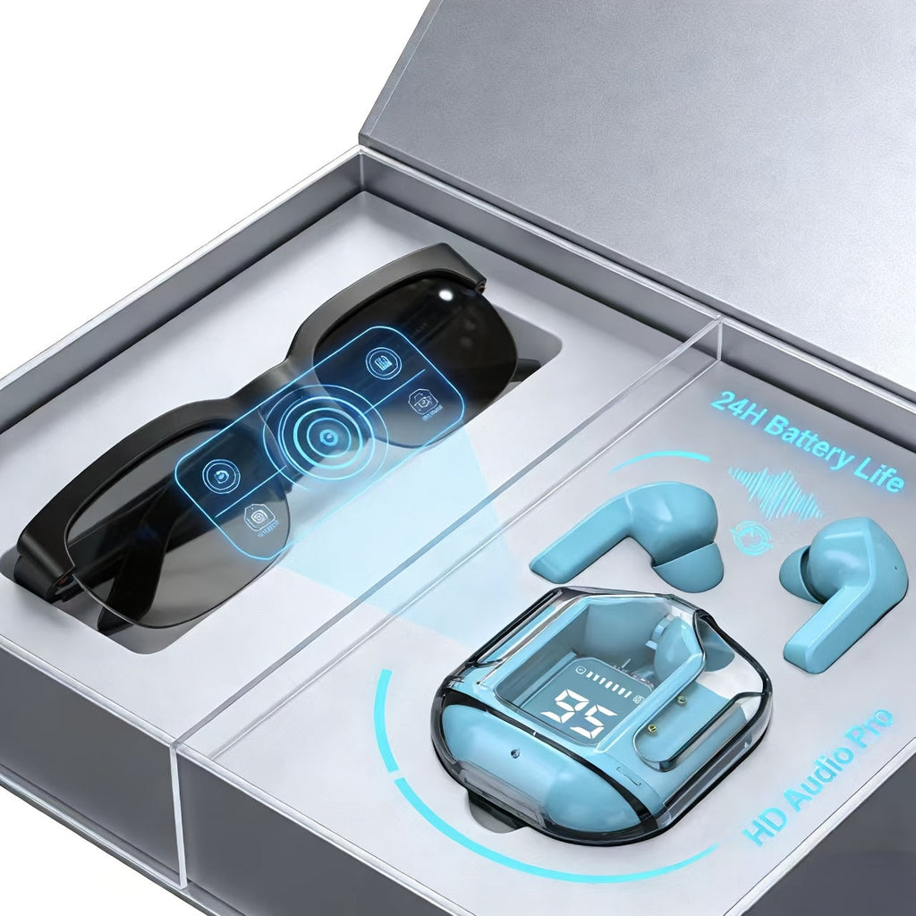 AI Translation Smart Glasses with Wireless Headphones – Real-Time Multi-Language Translator Built-in Mic Music Audio Rechargeable Wearable Tech for Travel Business Sports Daily Wear