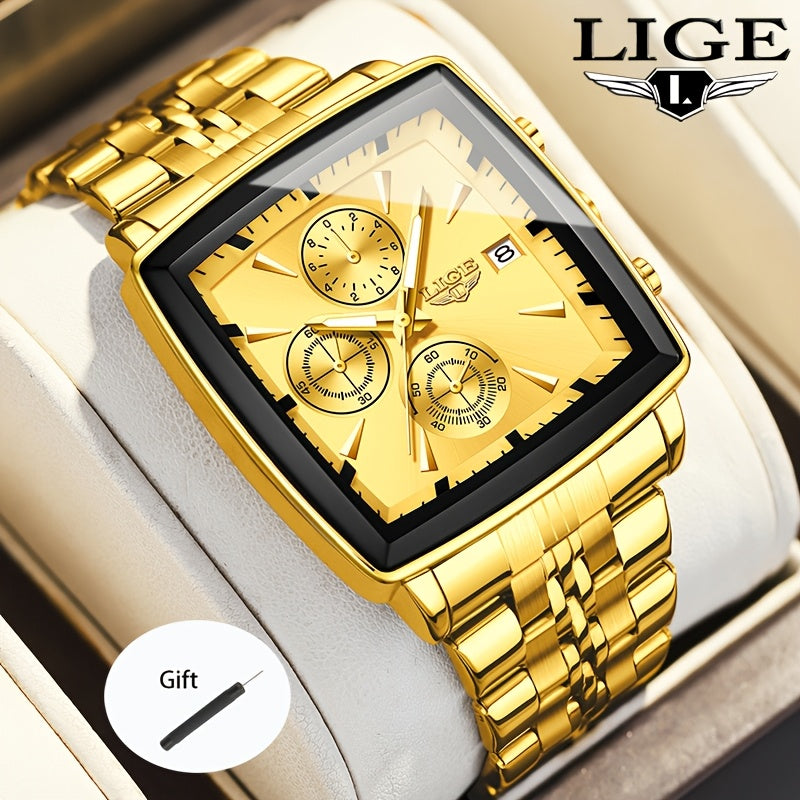 LIGE Men's Square Quartz Watch Stainless Steel Strap Calendar Display – Preppy Sport Fashion Wristwatch 8 Colors Rose Gold Black Blue, Birthday Graduation Gift for Men Teens