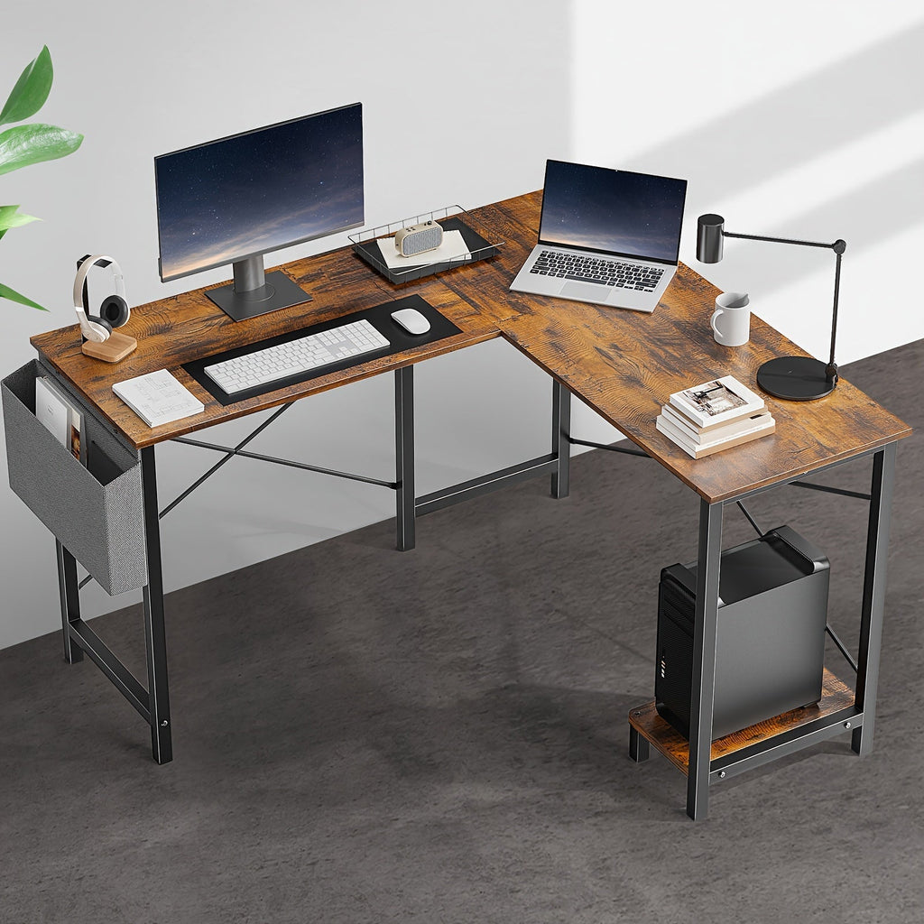 L-Shaped Corner Computer Desk with Storage Bag & Open Shelves – Reversible PC Laptop Workstation for Home Office Study Room Gaming Dorm, Space-Saving Writing Desk, 7 Colors