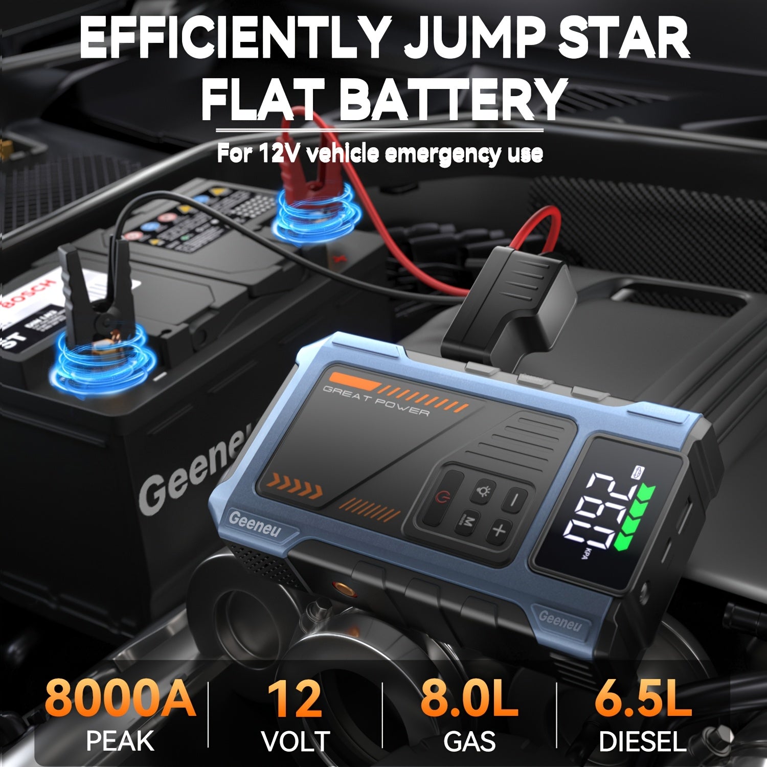 8000A Portable Jump Starter with Air Compressor 12V Battery Booster for 8.0L Gas 6.5L Diesel Engines USB Charging Ports LED Flashlight Jump Box for Cars Trucks SUVs Motorcycles