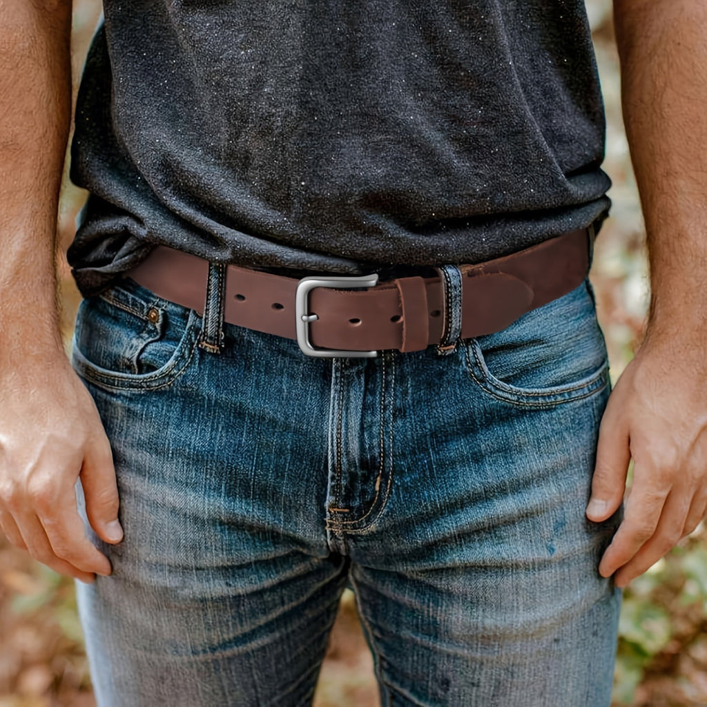 Men's Full Grain Leather Belt with Gift Box - Handmade Casual Everyday Jeans Belt with Stainless Steel Buckle, Durable Black & Brown Dress Belt for Men, Sizes 30-52, Perfect Gift for Him