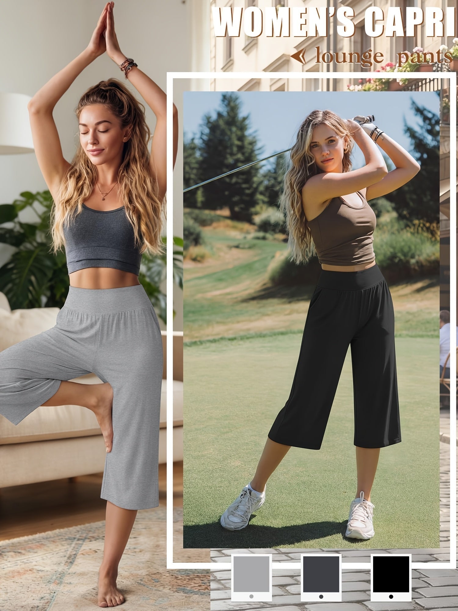 Women's Capri Pants 3-Pack – Loose Lounge Cropped Sweatpants Joggers with Pockets & Elastic Waist, Yoga Capri for Spring Summer Fall Casual Weekend Wear