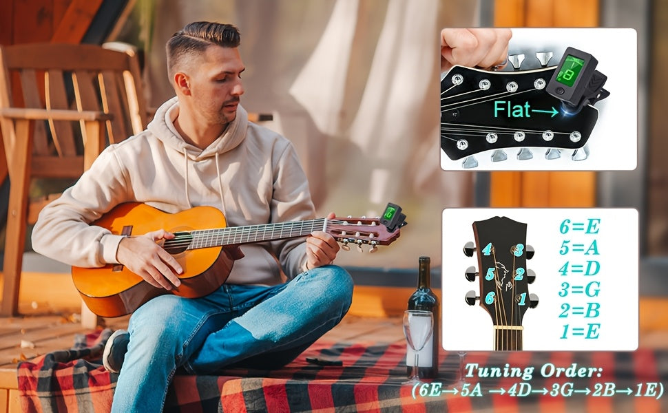 Guitar Clip-On Tuner & Capo Set with Picks 9pcs – Chromatic Multi-Mode Tuner for Acoustic, Electric, Bass, Violin & Ukulele, Spring-Loaded Capo, Rosewood Picks Included
