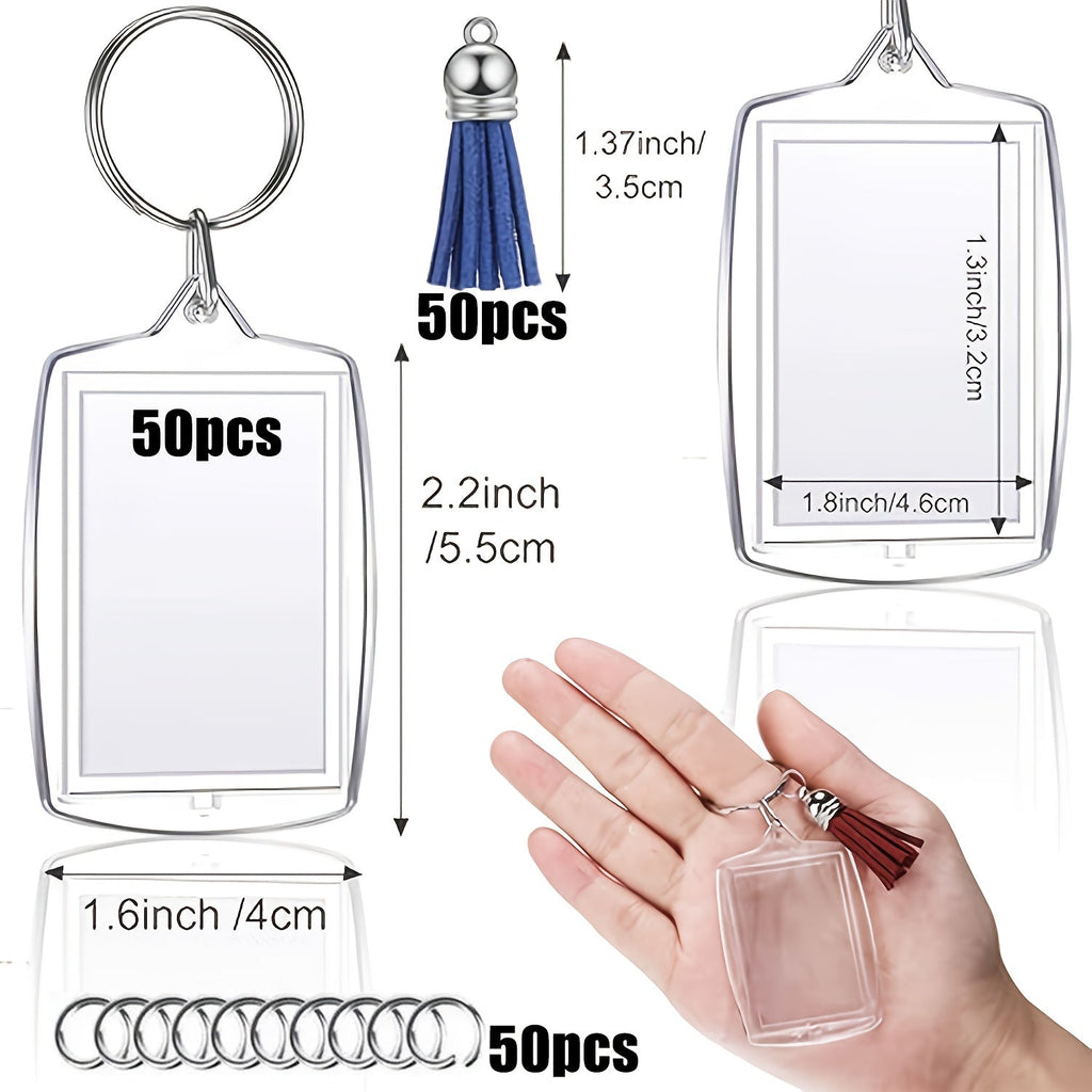 150PCS Acrylic Photo Frame Keychain Blanks with Colorful Tassels – Snap-In Clear Picture Keyring Set for DIY Crafts, Bulk Custom Keychains, Party Favors & Gifts