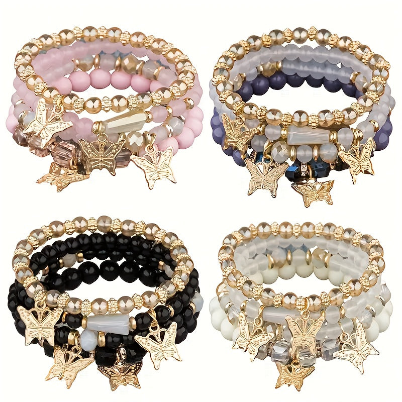 Butterfly Beaded Bracelet Set for Women Boho Stackable – 4 8 16pcs Sparkle Multi-Layered Elastic Charm Bracelets, Bohemian Wrist Jewelry Perfect Birthday Holiday Gift for Her