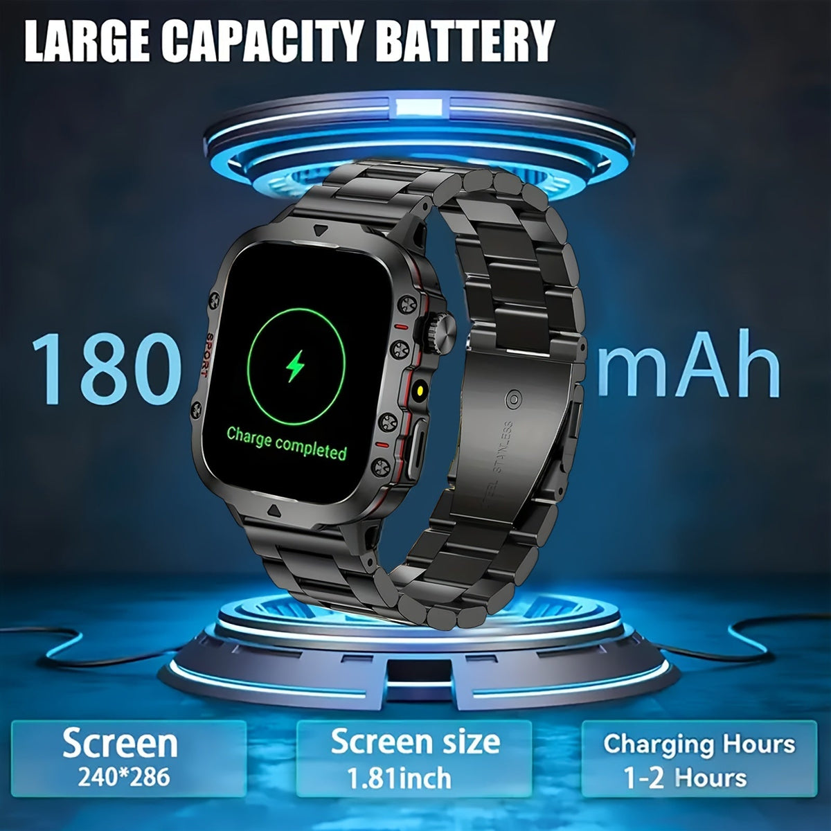 Men's Outdoor Smart Watch 1.81 Inch HD Touchscreen Wireless Calling LED Multiple Sports Modes USB Charging Fitness Tracker Compatible with Android iPhone Silicone Stainless Steel Band Black Gold
