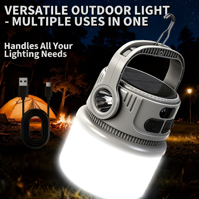 Solar Rechargeable LED Camping Lantern 6 Modes - USB Power Bank, Hook, 4-8 Hour Battery, Portable Outdoor Light for Tent Camping, Hiking, Mountaineering & Emergency