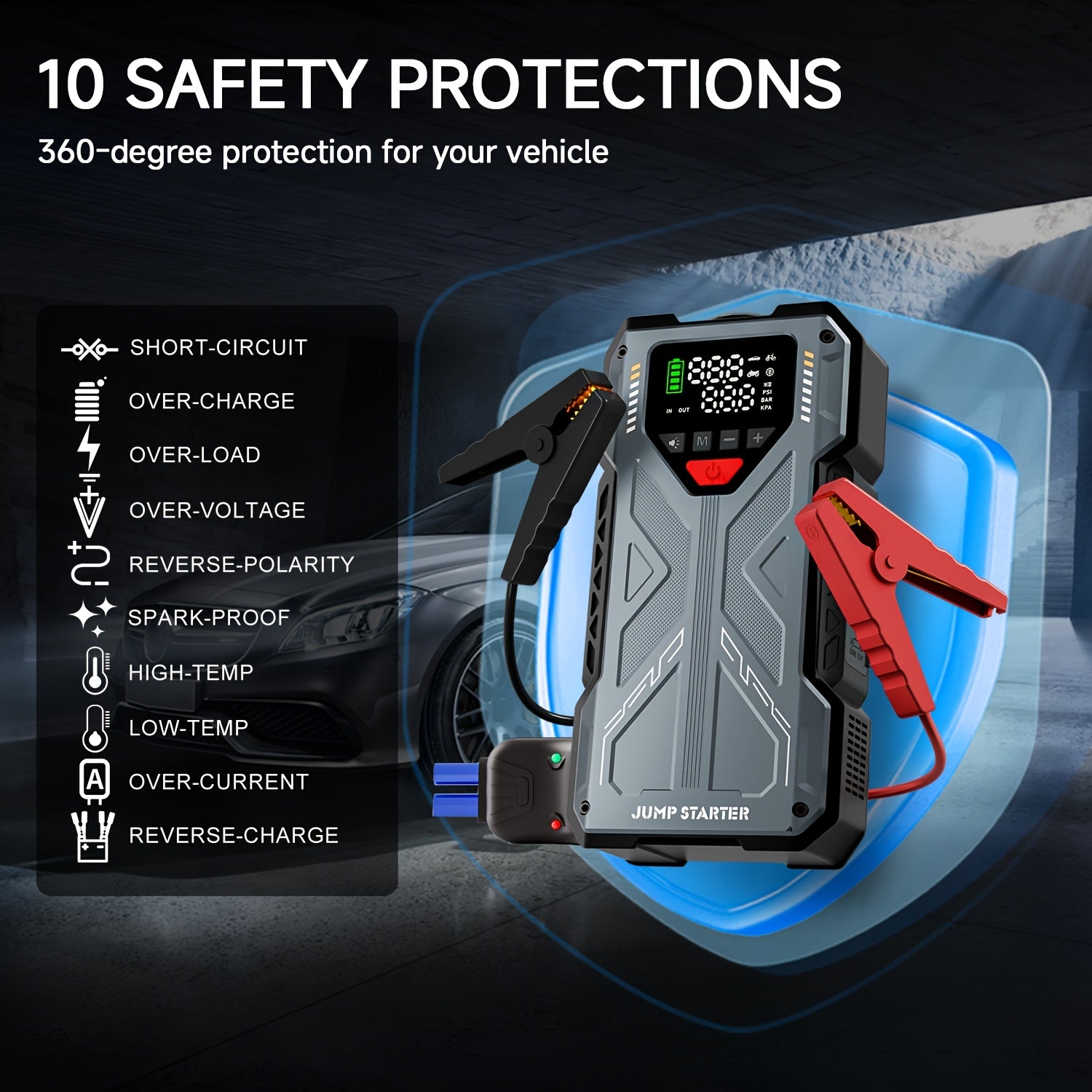 9 in 1 Portable Jump Starter with Air Compressor for 12V Cars Up to 8.0L Gas 6.5L Diesel Battery Booster Pack Tire Inflator USB Power Bank LED Emergency Light Safety Hammer Roadside Kit