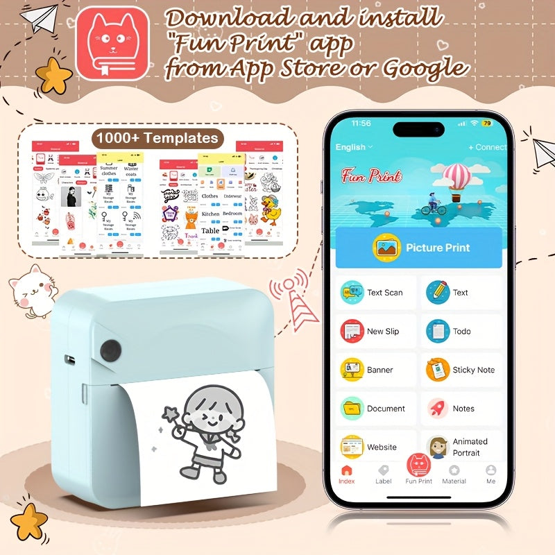 Mini Wireless Thermal Sticker Printer Inkless Portable Bluetooth Pocket Printer for Photos Diaries Notes Memos Labels Receipts Includes 1 Roll Thermal Paper Gift for Students Journalers