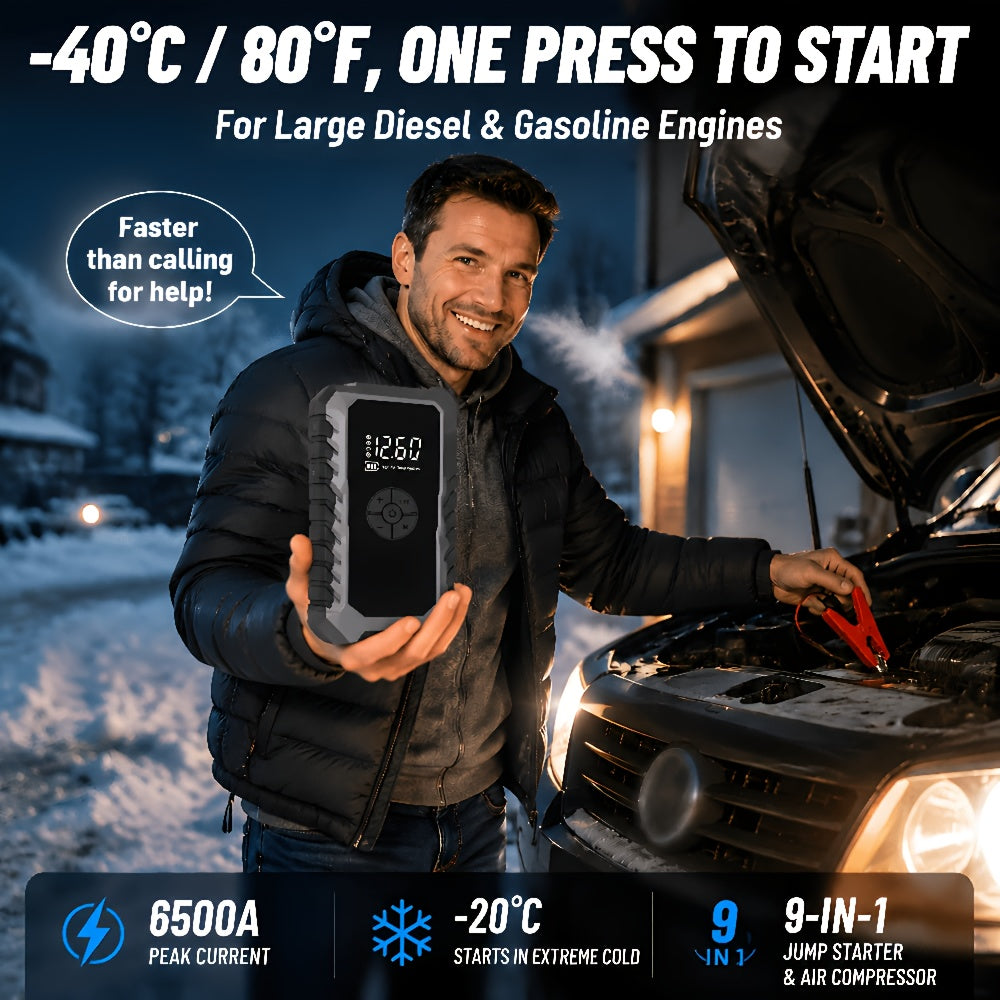 9-in-1 Car Jump Starter 6500A 12V with 160PSI Air Compressor – Portable Battery Booster, Emergency Power Bank, LED Flashlight & Roadside Kit, Wireless Jump Starter for Cars, Trucks, SUVs & Motorcycles