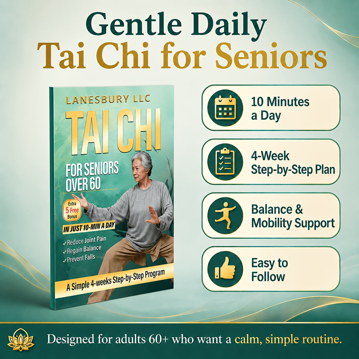 Tai Chi for Seniors Over 60 – Beginner-Friendly Exercise Program for Balance Training, Fall Prevention, Joint Pain Relief, Mobility & Flexibility | Healthy Aging Home Workout Guide for Men & Women