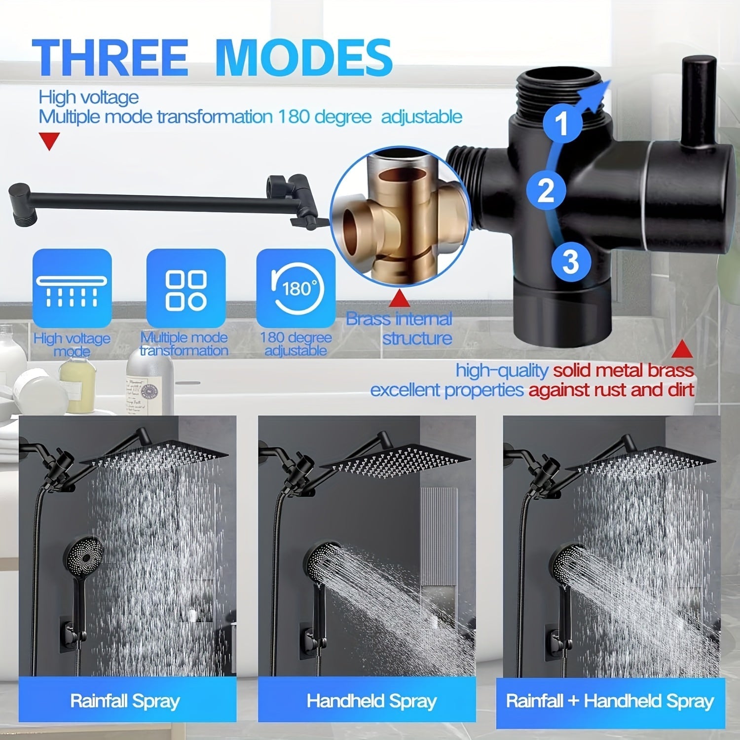 High Pressure Rainfall Handheld Shower Head Combo 8 10 12 Inch Extension Arm 9 Spray Settings 180 Degree Adjustable Anti-Leak Silicone Nozzles for Home Bathroom Upgrade Chrome Matte Black