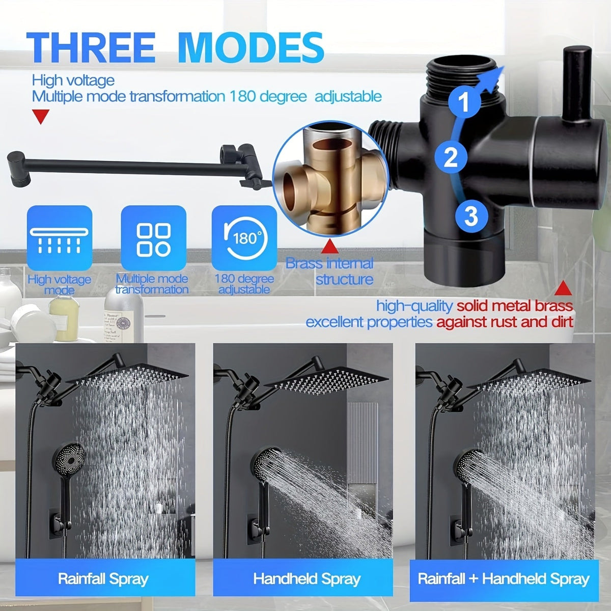 High Pressure Rainfall Handheld Shower Head Combo 8 10 12 Inch Extension Arm 9 Spray Settings 180 Degree Adjustable Anti-Leak Silicone Nozzles for Home Bathroom Upgrade Chrome Matte Black