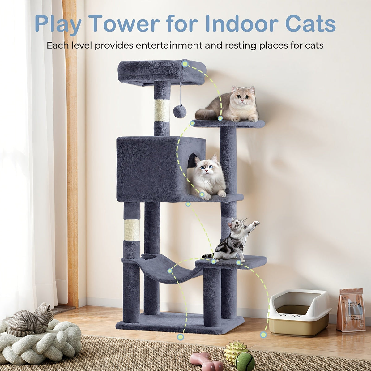 44-Inch Cat Tree Tower with Condo & Hammock Natural Sisal Scratching Posts Multi-Level Perches & Pet House – Indoor Cats Kittens Multi-Cat, Beige Gray Pink Black/Red