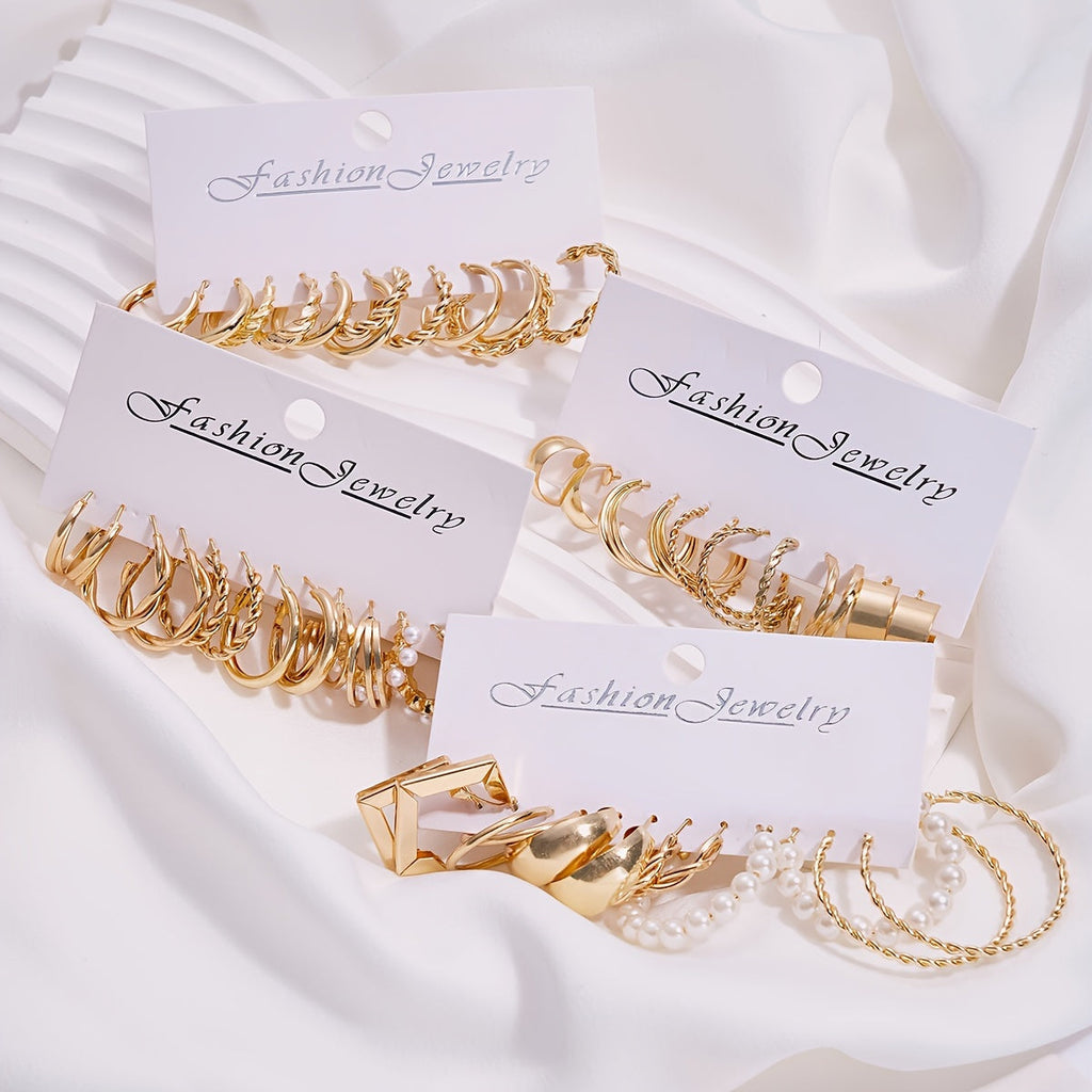 48pcs Geometric Hoop Earrings Set Women – Boho Metal Wide Hoop Faux Earrings Bulk Pack Simple Stylish Jewelry Vacation Dating Daily Wear Gift