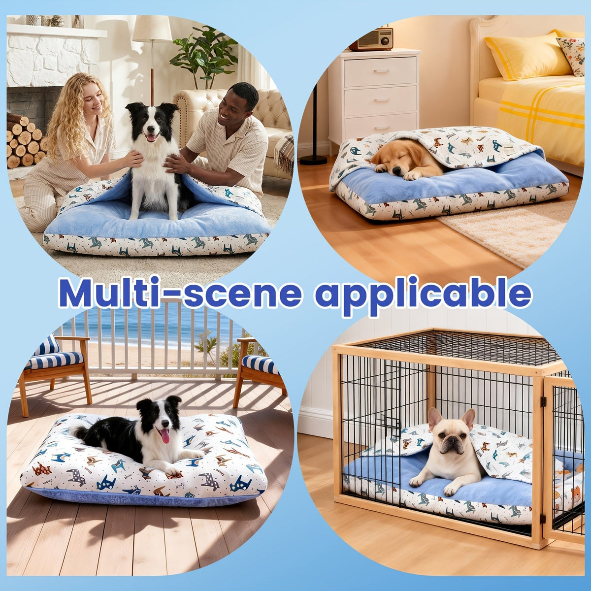 Washable Dog Bed Mat Breathable All-Season Pet Mattress with Removable Cover Non-Slip Bottom Cute Animal Patterns Crate Pad for Small Medium Large Dogs Indoor Cats