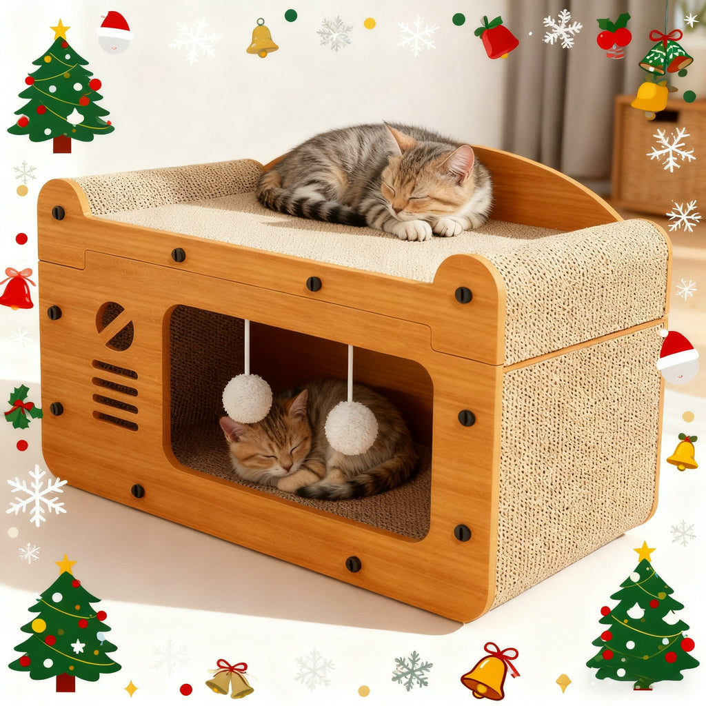 Large Cat House with Scratcher Pads & Plush Ball Toys – Ventilated Indoor Outdoor Cat Shelter, Choose Single Door, Double Door or Luxury Double-Layer Design, Great Cat Gift