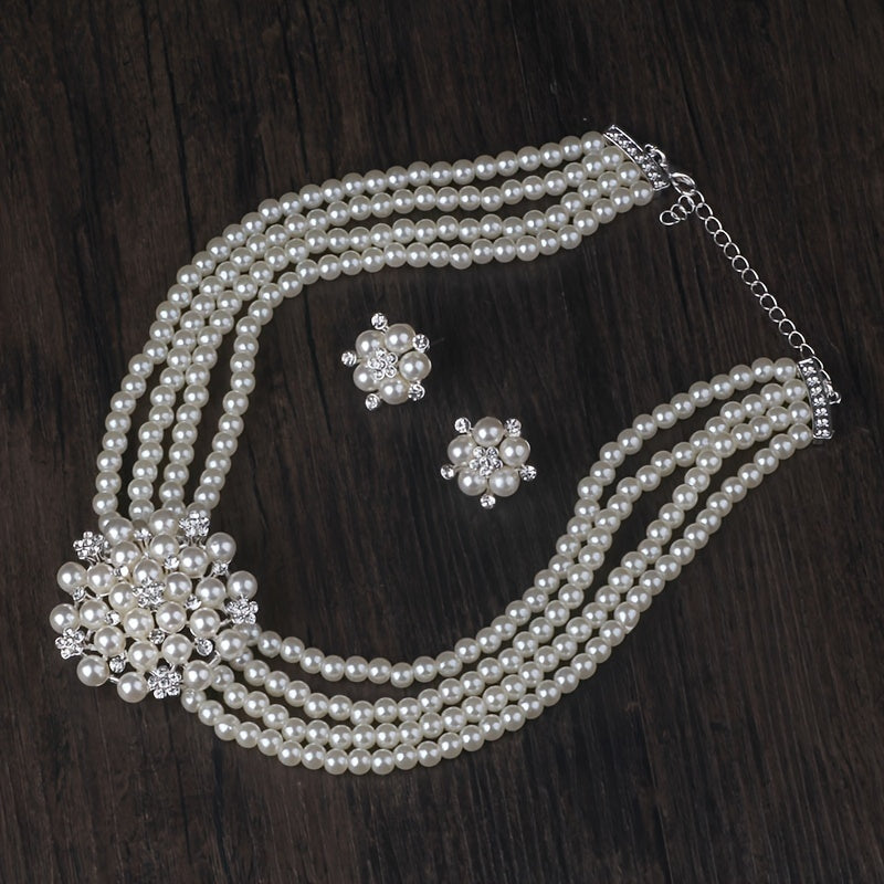 Milky White 4-Row Bead Necklace and Earring Set for Women – Layered Flower Pearl Style Silver Plated Jewelry Set for Wedding Banquet Evening Party Engagement Gift