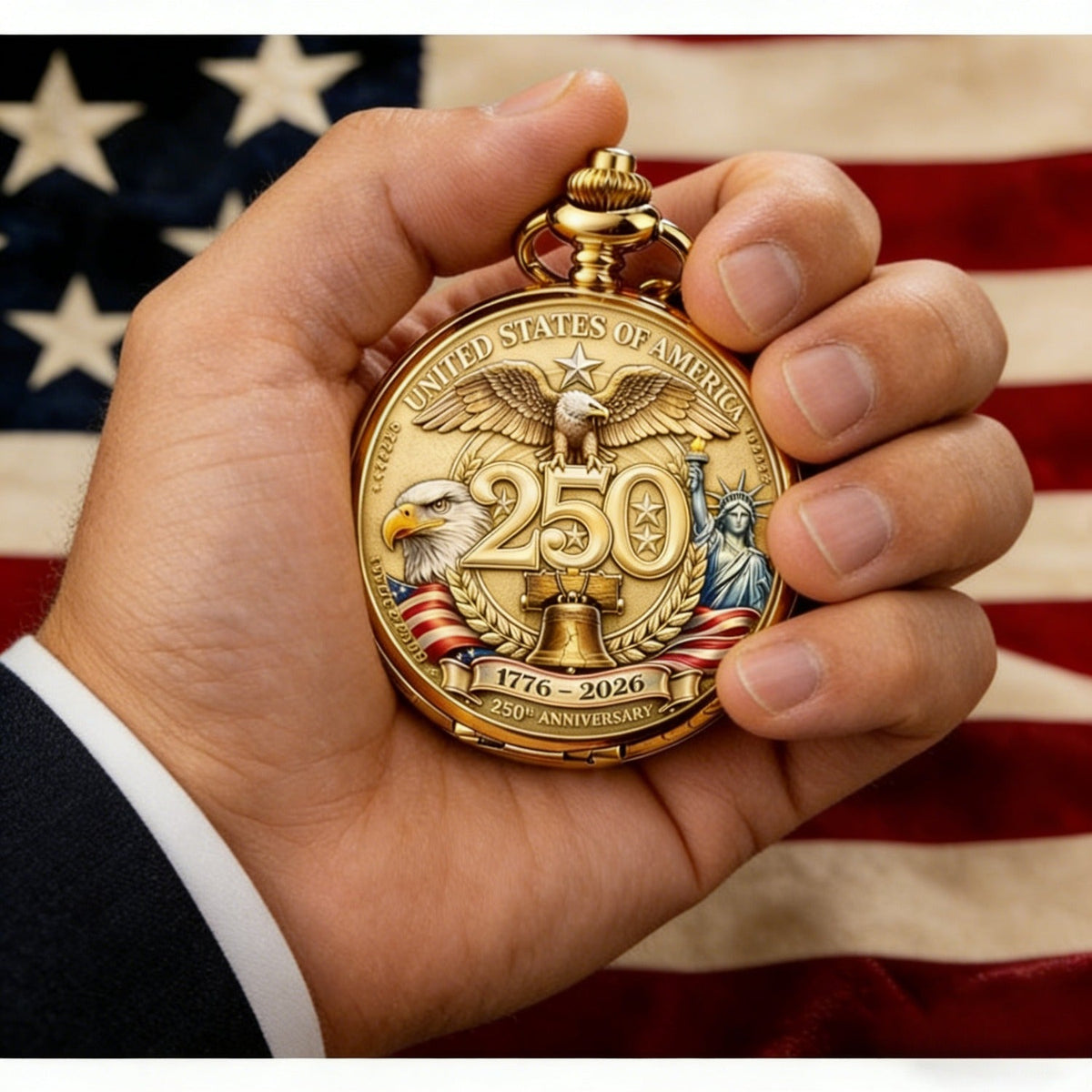 USA 250th Anniversary Pocket Watch 1776–2026 – Retro Wind-Up Mechanical Timepiece Bald Eagle Statue of Liberty Patriotic Commemorative Collector Gift for History Buffs Veterans American Pride