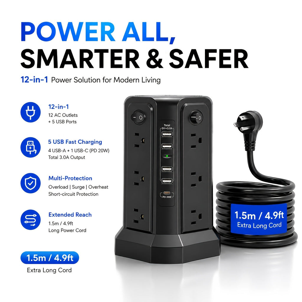 Tower Surge Protector Power Strip 12 Outlets 5 USB Ports PD 18W USB-C Fast Charging 10FT Extension Cord 1800J Surge Protection 4 Independent Switches Home Office Desk Dorm Room Vertical Design