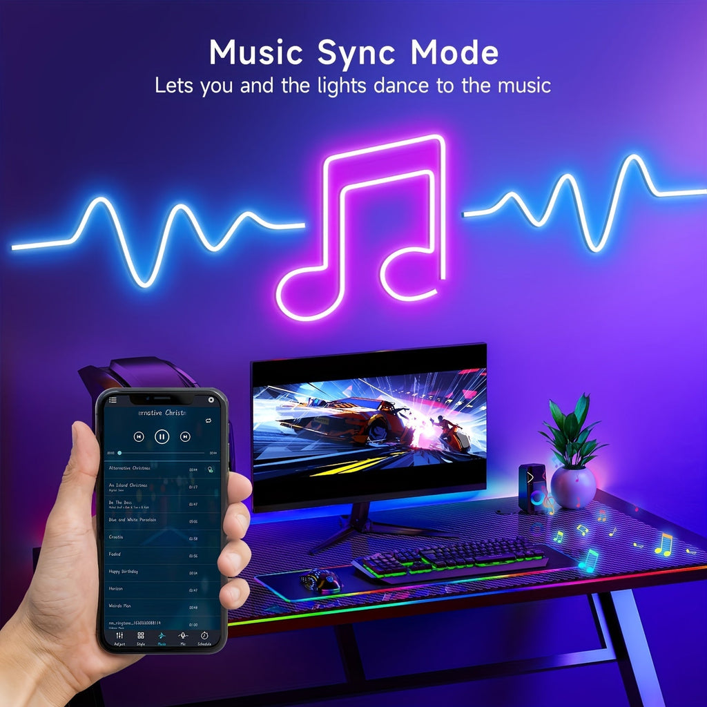 RGB LED Neon Rope Light IP65 Waterproof App & Remote Control Music Sync – Color-Changing Flexible Silicone Strip 3.2ft 9.8ft 16.4ft for Gaming Bedroom & Outdoor Decor
