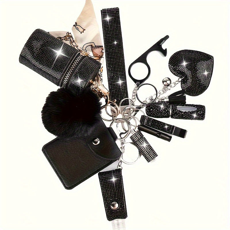 Rhinestone Keychain Set for Women 11 Piece – Multifunctional Keyring with Card Holder Pill Bottle Whistle Perfume Bottle Storage Bag & Quote Charms Gift for Her
