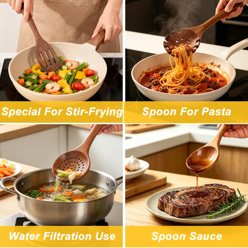 10-Piece Natural Teak Wooden Kitchen Utensils Set - Cooking Spoons, Spatulas & Shovel, Non-Stick Safe, Heat Resistant, Eco-Friendly Wood Cookware Tools for Home Kitchen
