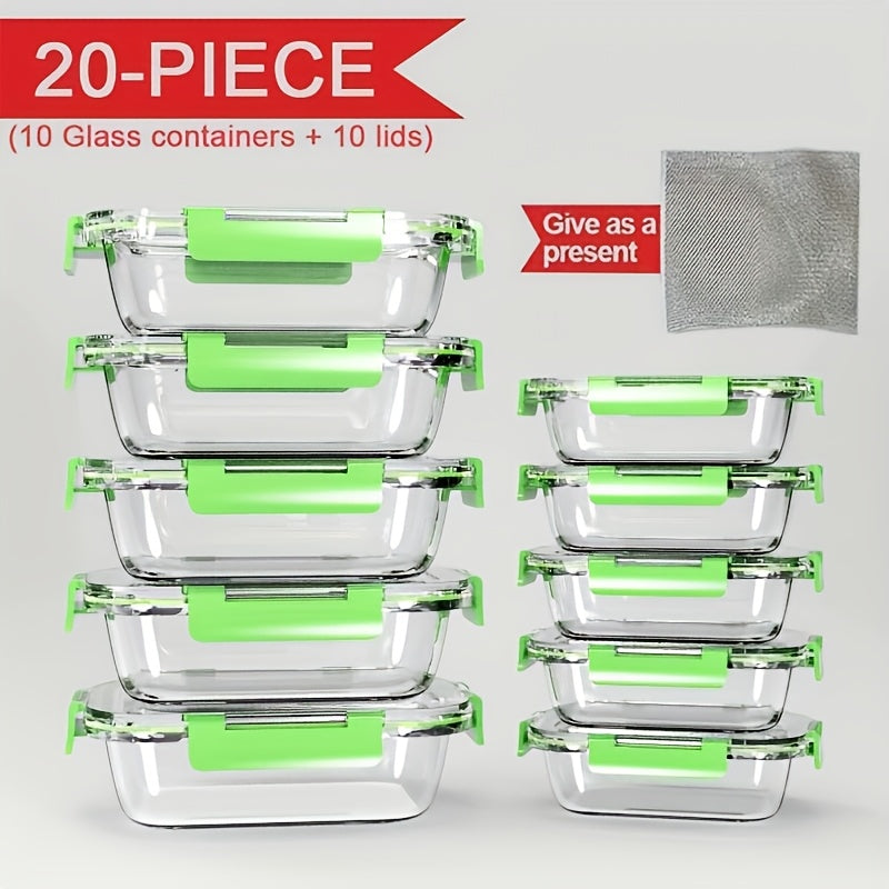 Glass Food Storage Containers with Lids 20 Piece Set Airtight Stackable Meal Prep Borosilicate Glass Containers Oven Microwave Dishwasher Freezer Safe BPA Free Kitchen Organization