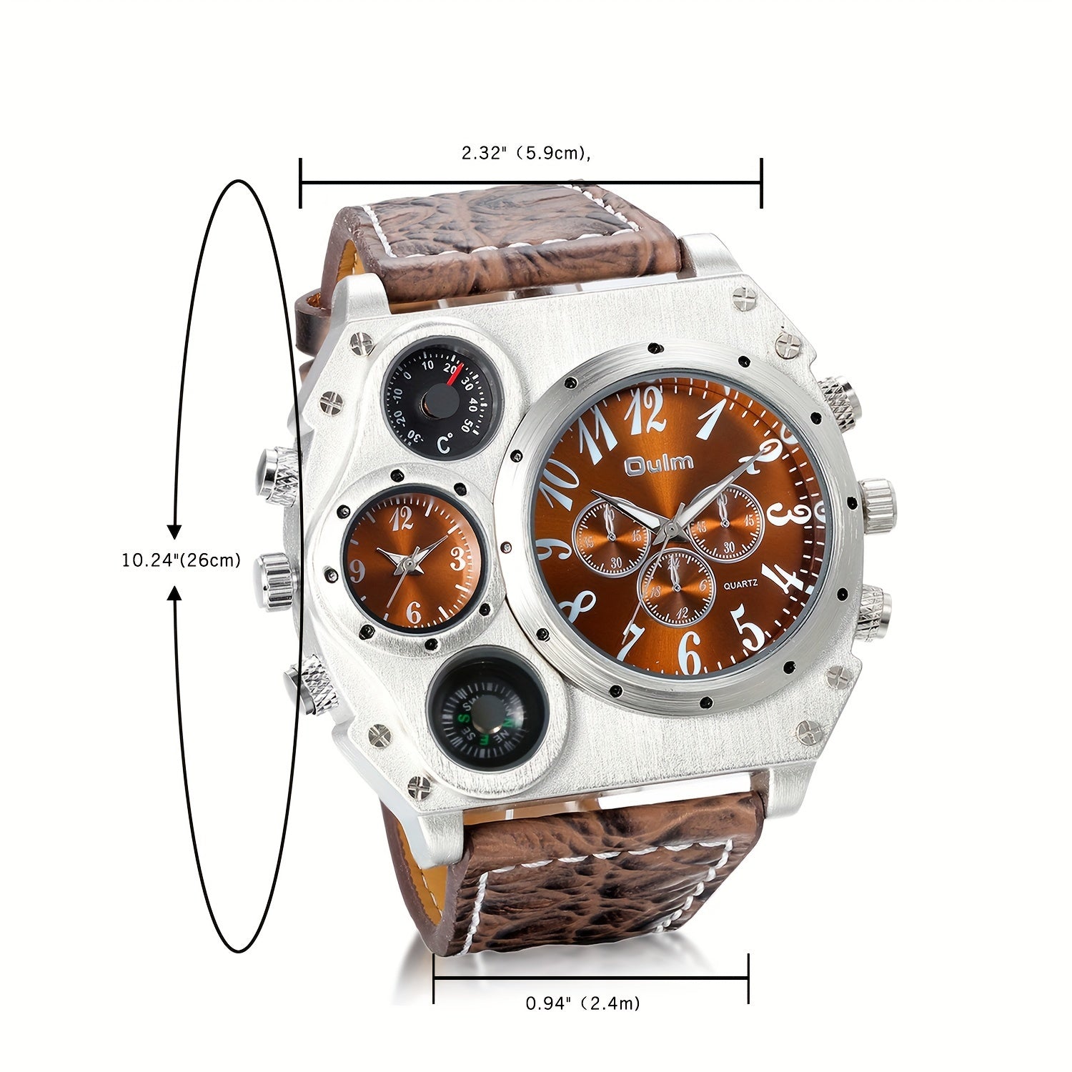 Men's Dual Time Zone Big Dial Quartz Watch – Faux Leather Strap, Luminous Hands, Stainless Steel Case, Casual Sports Wristwatch for Men, Perfect Gift