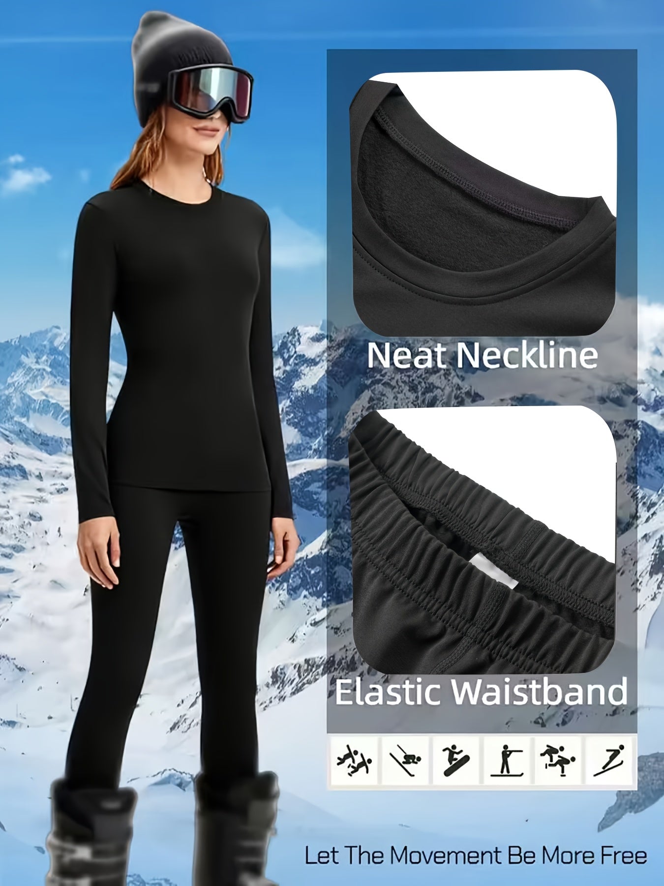 Women's Thermal Underwear Set 2 Piece Fleece Lined Leggings & Top, Compression Base Layer for Winter Sports Skiing Yoga Cycling, Warm Activewear Loungewear Sleepwear for Cold Weather