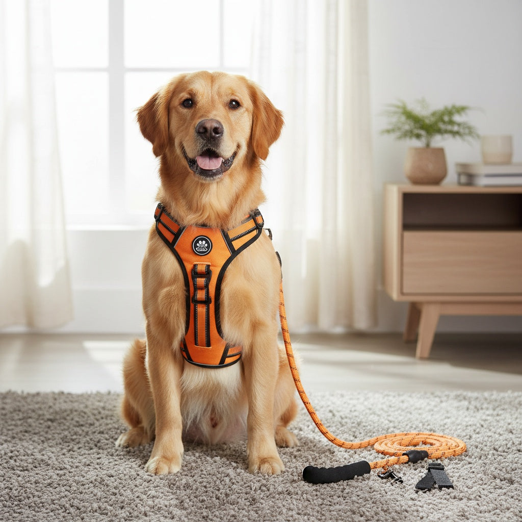 No Pull Dog Harness Set with Leash Retractable Seatbelt Collar Storage Strap Fully Reflective Breathable Mesh Adjustable Vest Harness Front Back Clip Handle XS to XL 8 Colors