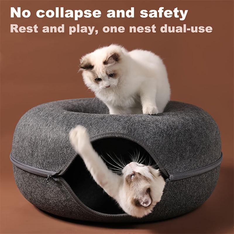 Cat Tunnel Bed with Donut Hole Indoor Hiding Place - All-Season Collapsible Soft Plush Cat Cave Bed for Indoor Cats, Dark Gray & Light Gray, 20 & 24 Inch, Perfect Cat Gift