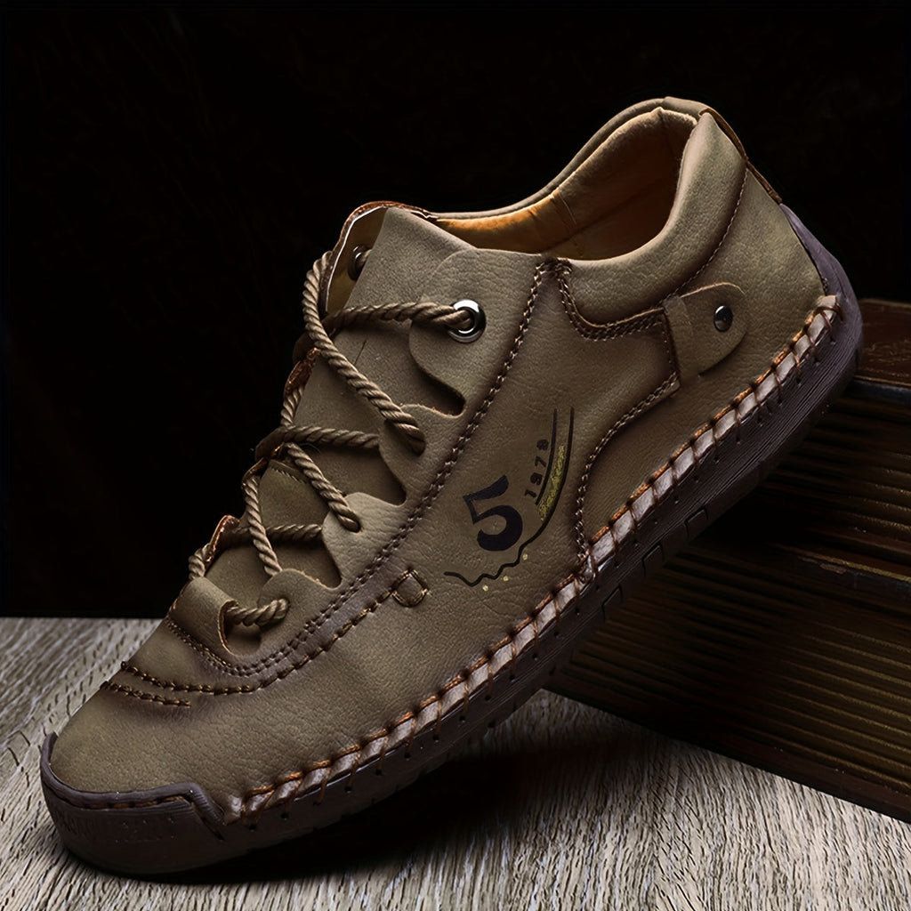 Men's Handmade Stitching Casual Sneakers – Flat Sole Lightweight Outdoor Walking Shoes in Black, Khaki, Blue, Military Green & Yellowish-Brown, Sizes US 7.5–12.5