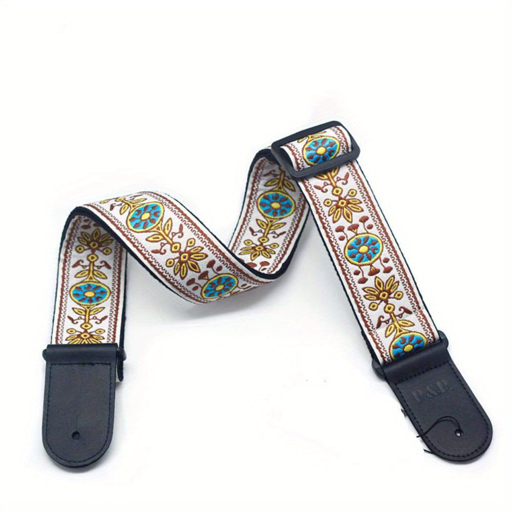 Adjustable Embroidered Guitar Strap with PU Leather Ends – Boho National Style, 35–57 Inch Length, Fits Acoustic, Electric, Classical Guitar & Bass, 11 Unique Designs