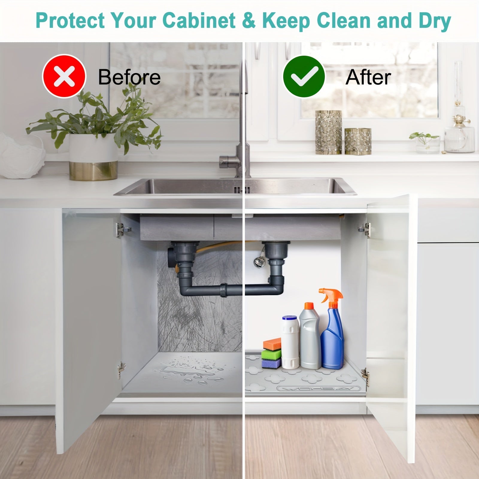 Under Sink Mat Waterproof Silicone 34" x 22", Under Sink Drip Tray Liner for Kitchen Bathroom Cabinet, Holds Up to 2 Gallons, Non-Toxic Leak Protection Mat with Raised Edges & Four-Leaf Clover Pattern