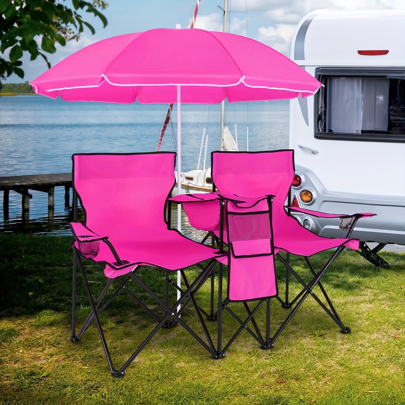 2-Person Folding Beach Chair Set with 59" Umbrella, Cooler Bag & Side Table – 600 lb Capacity Portable Loveseat for Beach, Camping, Picnic & Tailgate, Compact Collapsible Outdoor Chair