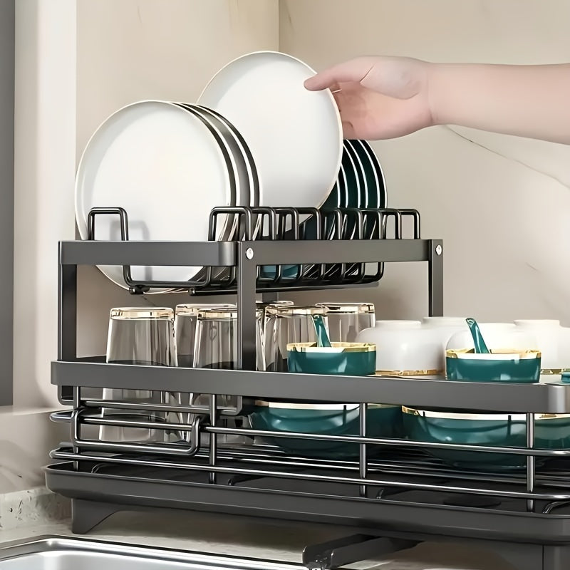 2-Tier Dish Drying Rack Kitchen Counter Drainboard Drain Mat Knife Fork Cup Holder Utensil Organizer Dish Drainer Kitchen Gadget Gift for Women Mother's Day Black Gray White
