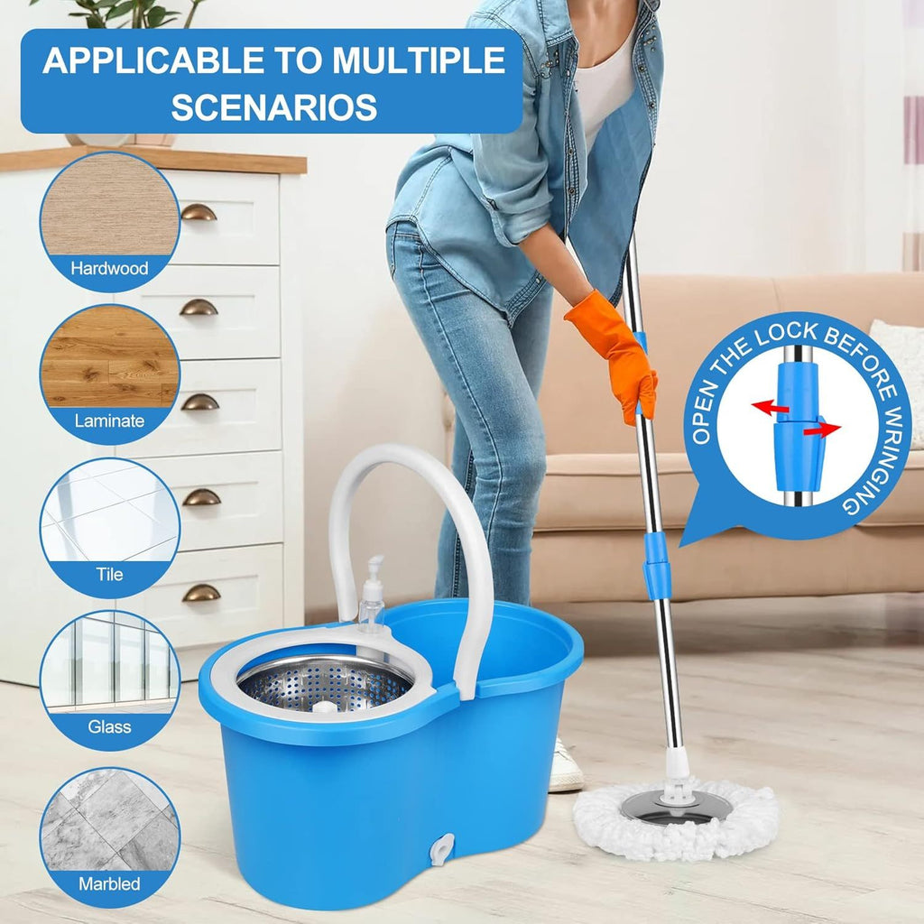 360° Spin Mop and Bucket Set with Wringer – Microfiber Mop Refills Stainless Steel Extended Handle Separate Compartment Floor Cleaning System for Hardwood Tile Laminate, Upgrade Option with 2 Refills
