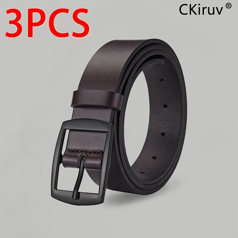 PU Faux Leather Belt for Men 3 Pack – Casual Alloy Buckle Jeans Belt Set in Black Brown Khaki Sizes 110cm 120cm 130cm, Versatile Everyday Belt Gift for Him