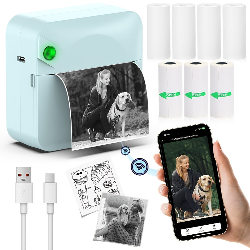 Mini Wireless Thermal Sticker Printer Inkless Portable Bluetooth Pocket Printer for Photos Diaries Notes Memos Labels Receipts Includes 1 Roll Thermal Paper Gift for Students Journalers