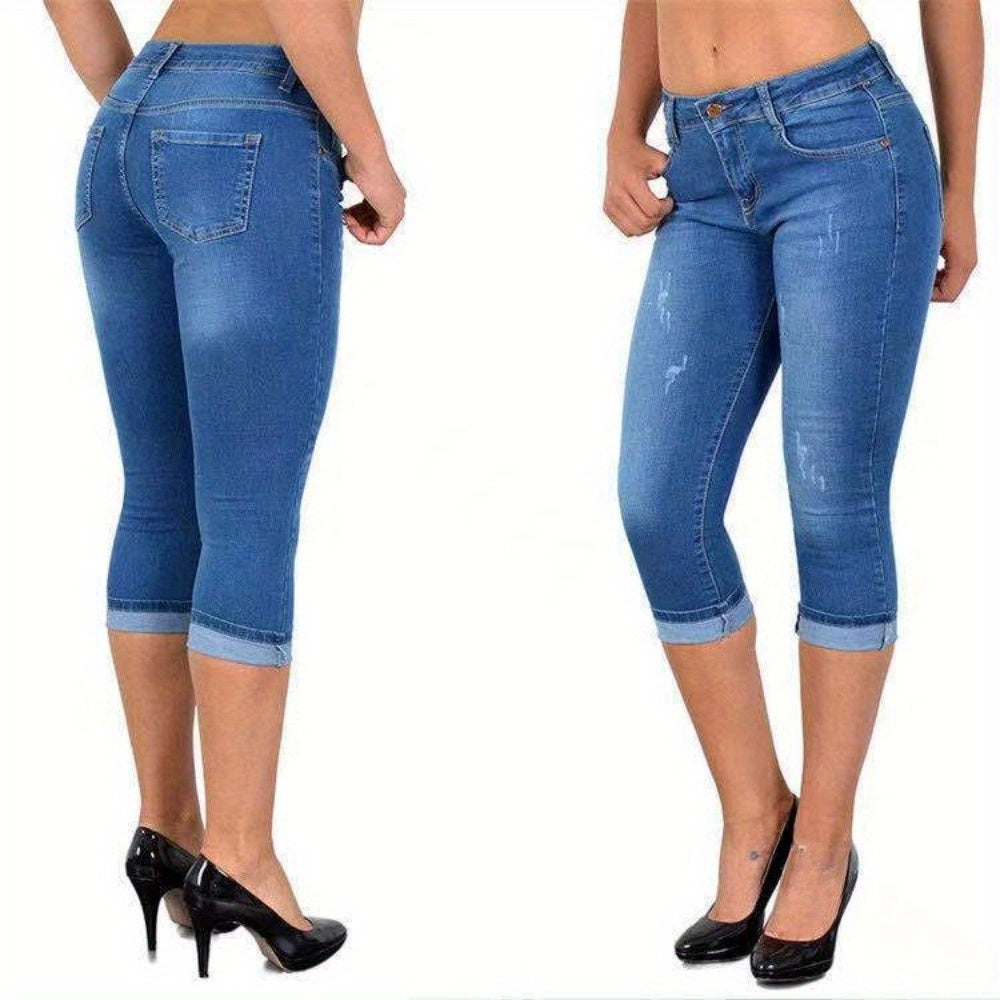 Women's Stretch Skinny Capri Jeans – Slim Fit Cropped Denim Pants with Elastic Waistband, Soft Machine Washable Fabric, Street Style Summer Casual, 3 Colors, Sizes S-XXL