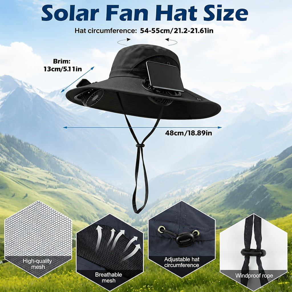 Solar Fan Hat with Wide Brim – Breathable Cooling Sun Hat for Men & Women with Built-In Solar Powered Fan, Adjustable Wind Speeds & Strap, Ideal for Gardening, Hiking, Travel & Summer Outdoor Activities