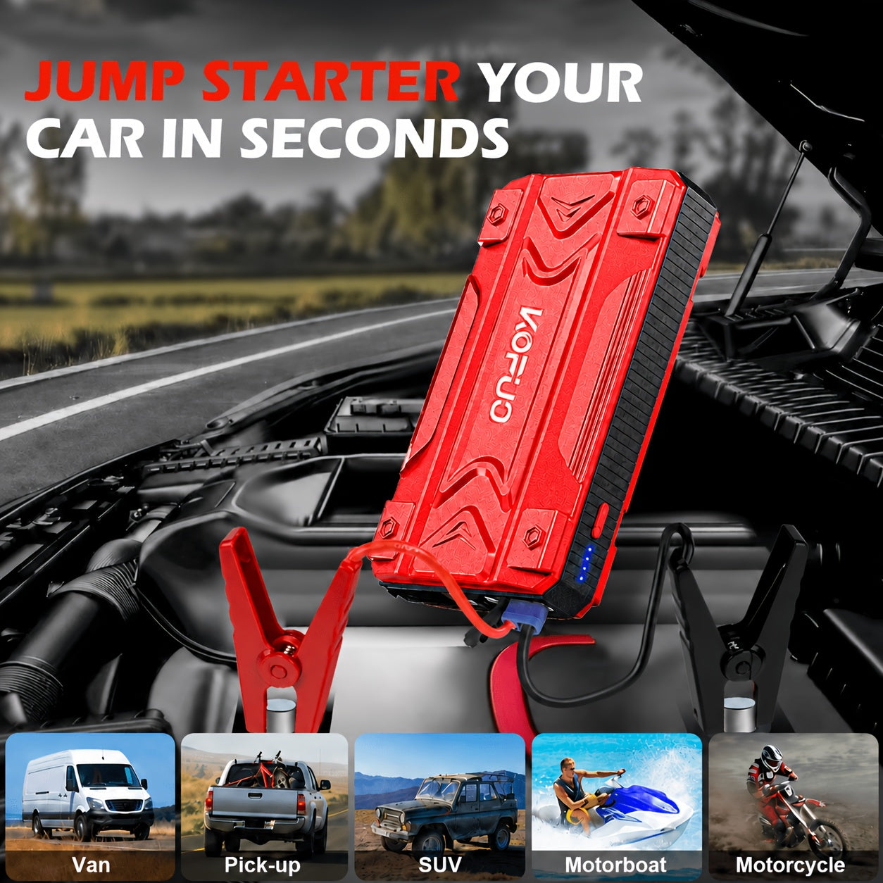 Portable Car Jump Starter 20000A Peak 7-in-1 with 150PSI Air Compressor Tire Inflator Power Bank LED Flashlight LCD Display Safety Hammer for 12V Gas Diesel Engines Roadside Emergency Kit