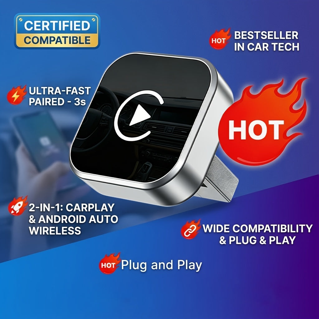 Wireless CarPlay Adapter 2026 Upgraded Mini Dongle 2-in-1 iPhone Android Auto Convert Wired to Wireless USB-A USB-C Dual-Band Low Latency Auto Connect FCC Certified