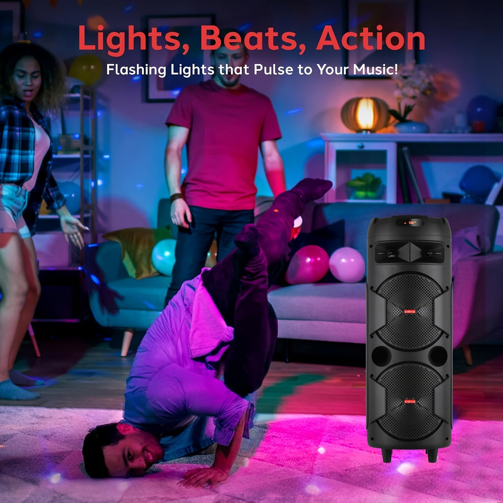 6000W Dual 8" Portable Wireless PA Speaker System – Rechargeable 1800mAh Battery, Wired Mic, Party Lights, Subwoofer, USB/AUX/FM for DJ, Outdoor & Party